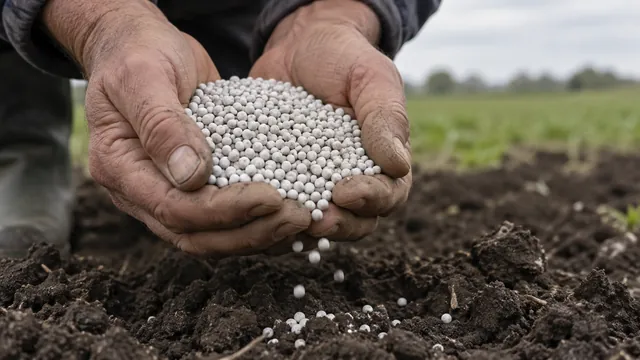 Landwirt hält eine Handvoll KALKPERLEN-Granulat über Ackerboden