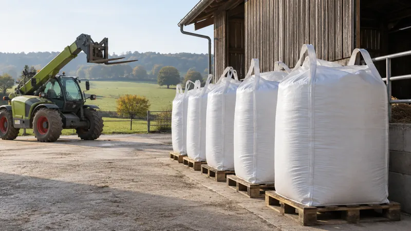 Big Bags auf Paletten an einer Scheune