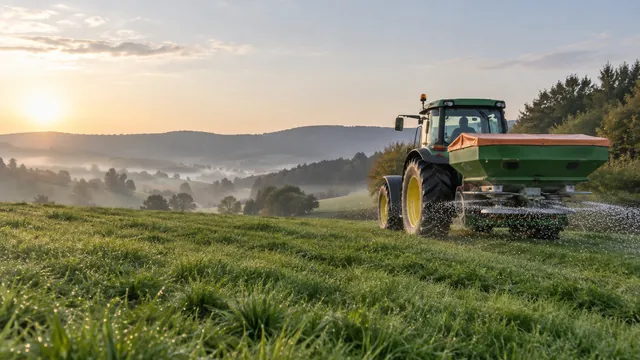 Traktor mit Zweischeibenstreuer streut Kalkgranulat auf Grünland im Morgenlicht